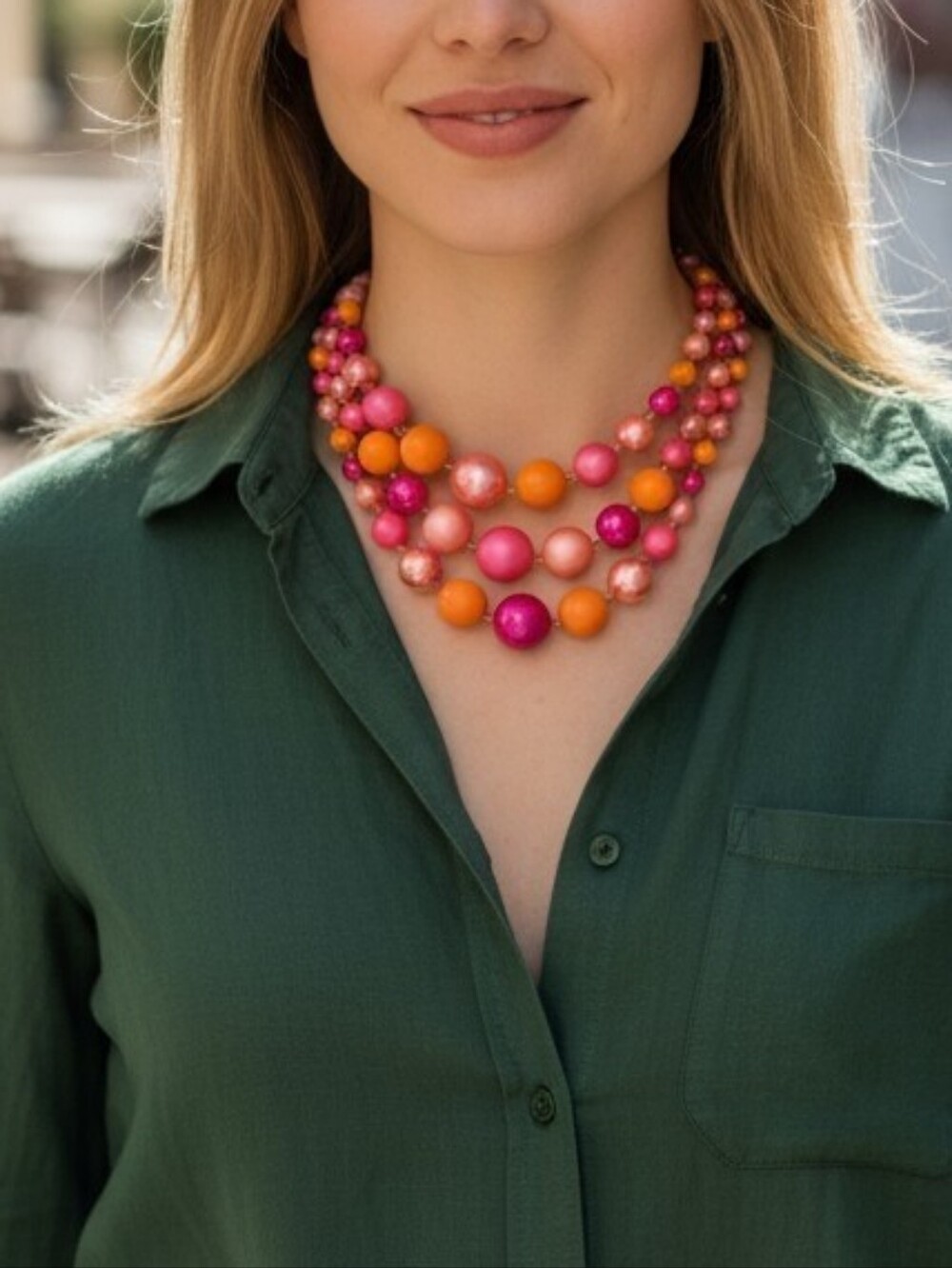Vibrant Pink & Orange Multi-Strand Beaded Necklace